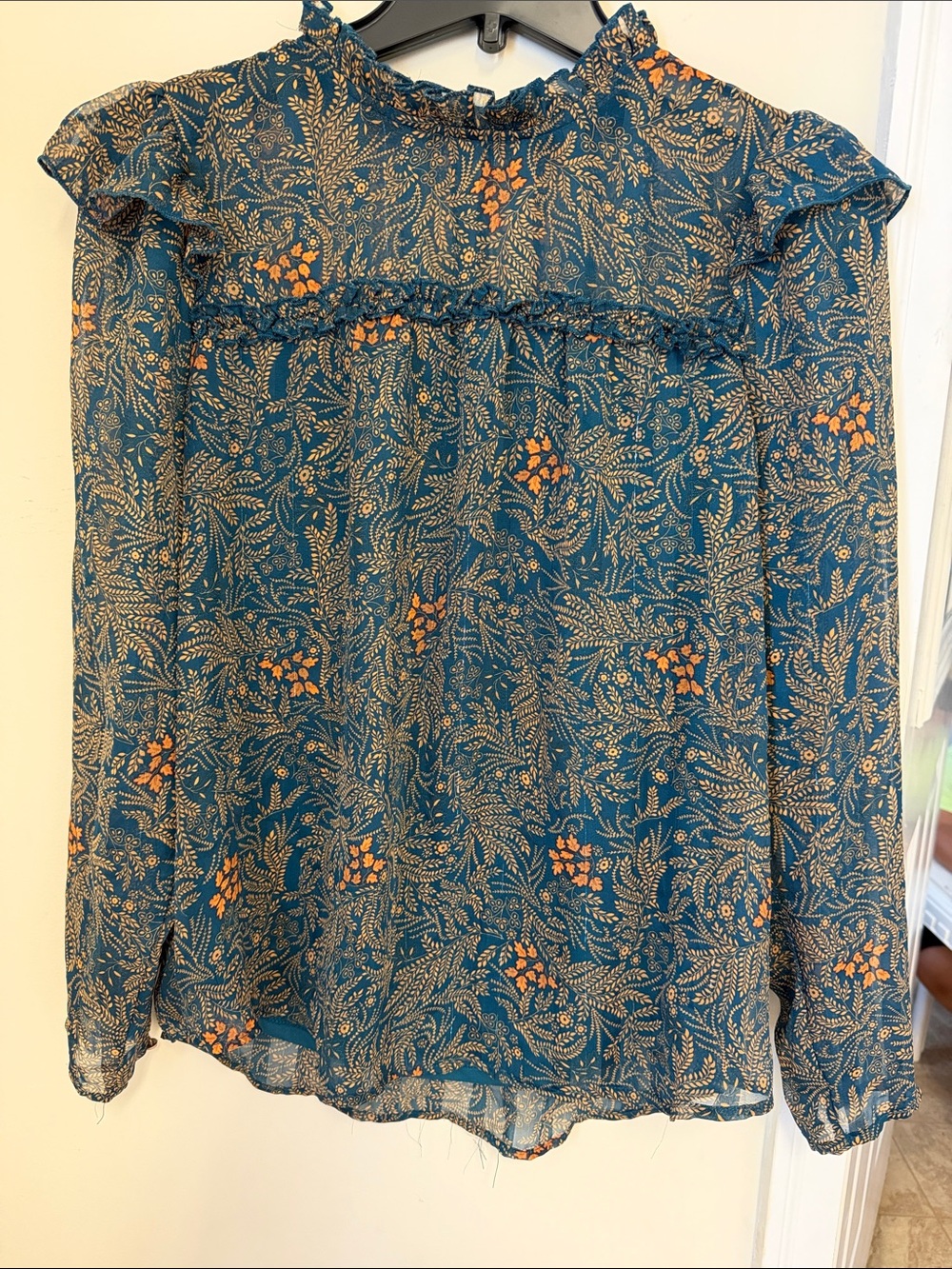 Alice Blue Teal Floral Ruffle Yoke Blouse with Orange Accents